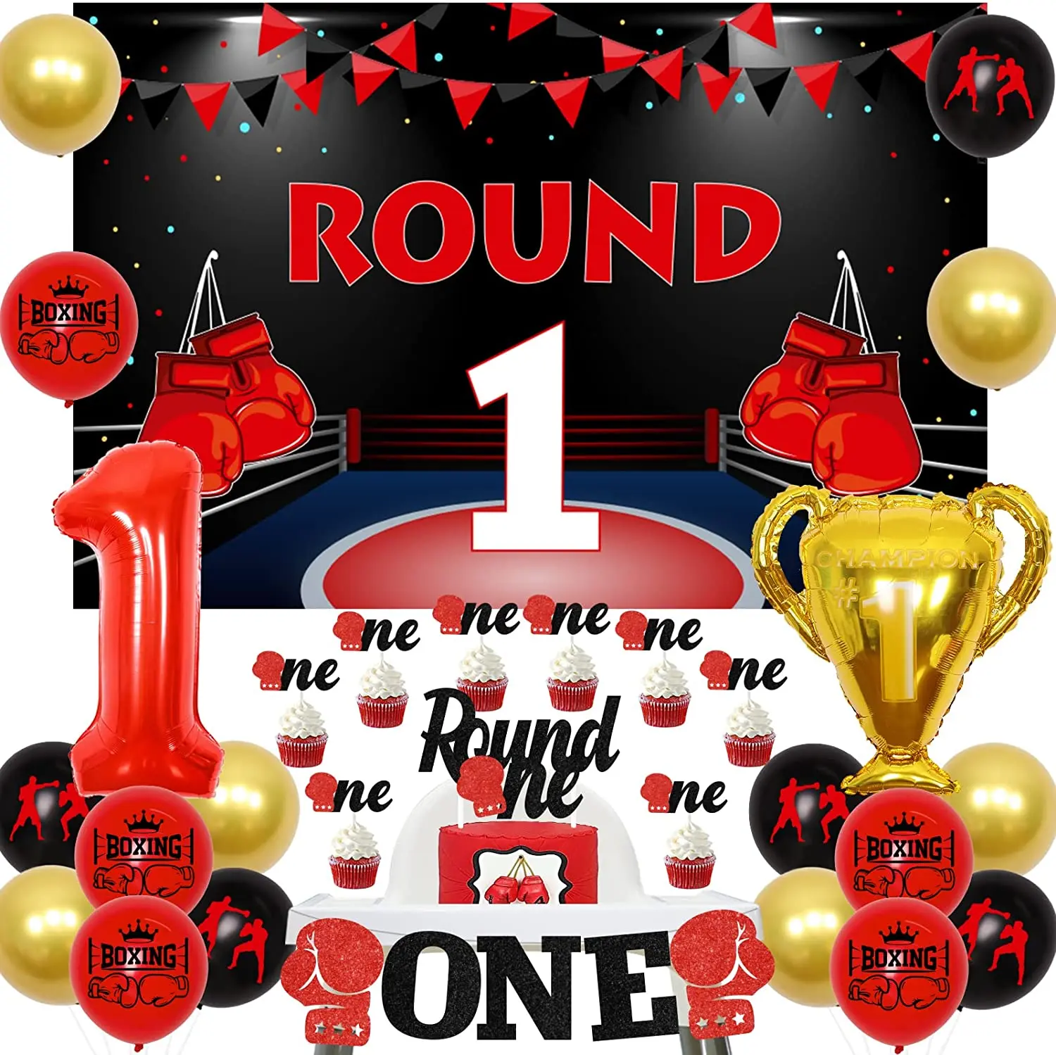 Boxing 1st Birthday Party Decorations Round 1 Backdrop Cake toppers & Highchair Banner Trophy Balloons for Sports Theme Supplies