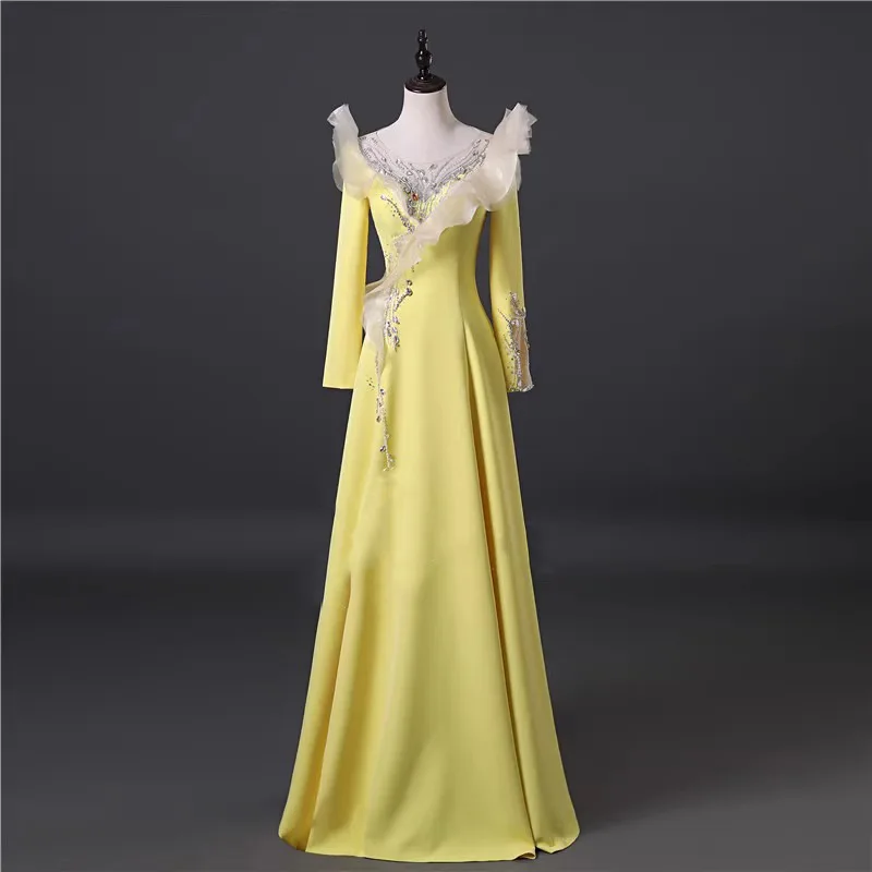 

Костюмы для хора 2026: Новые китайские национальные наряды для выступлений, фольклорные костюмы для вокалистов и ведущих, длинные платья для музыкальных представлений