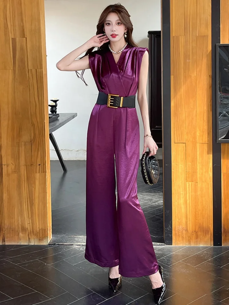 

New Fashion Summer Slim Waist Celebrity Temperament Jumpsuit Women's Sleeveless V-Neck Summer Wide Leg Jumpsuit With Belt
