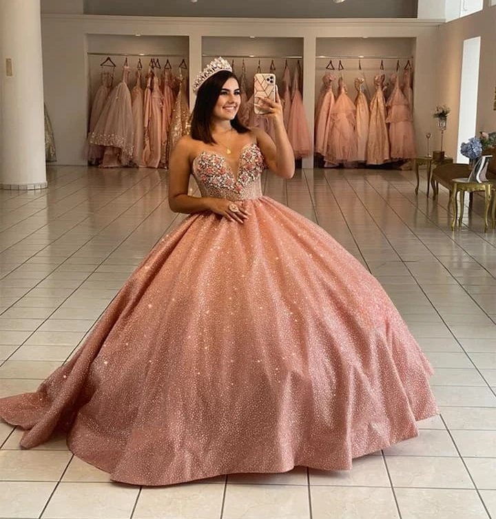 فساتين سباركل برينسيس Quinceanera ، ثوب حفلة ، ترتر على شكل قلب ، فساتين حلوة 16 ، 15 سنة