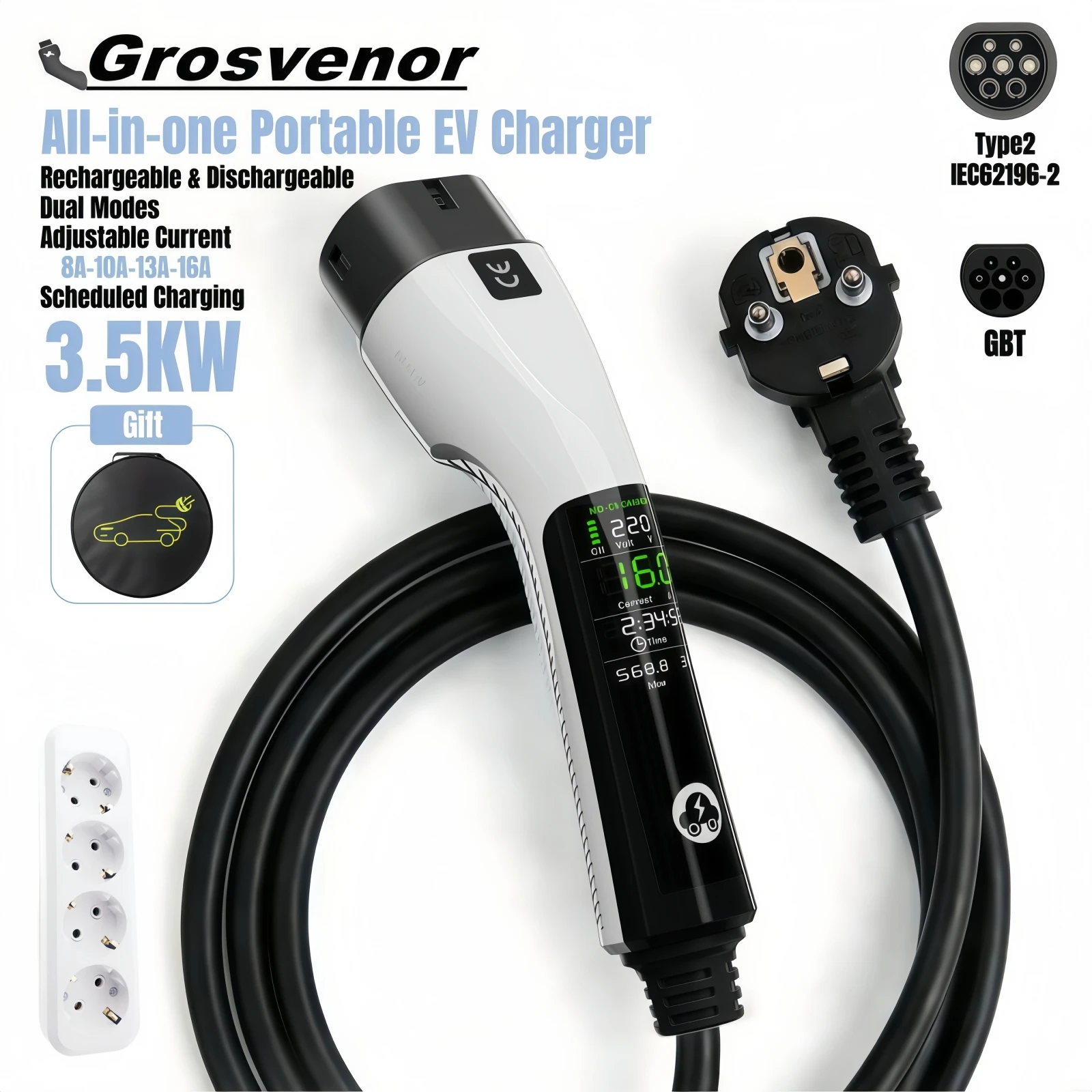 

Type2 Electric Car Charger 3.5KW Wallbox 16A EV Charger Type 2 GBT Portable EV Chargers EU Plug IEC62196-2 with Display Screen