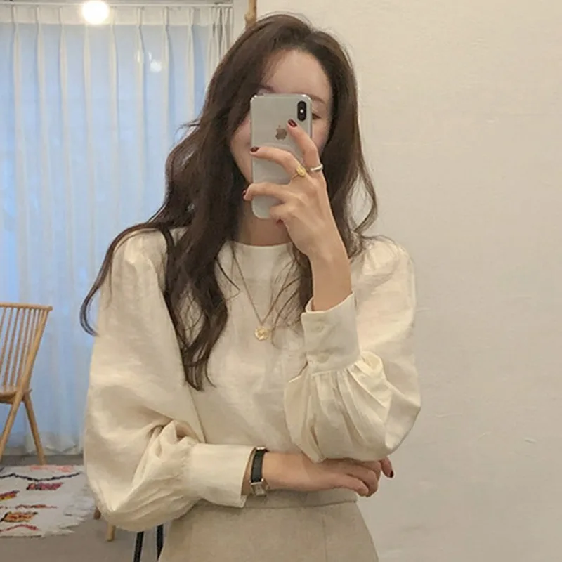 Spring Autumn Woman's Pullover Blouses Solid Tops Breathable Loose Fit Round Neck Tops Long Sleeve Casual Versatile Top