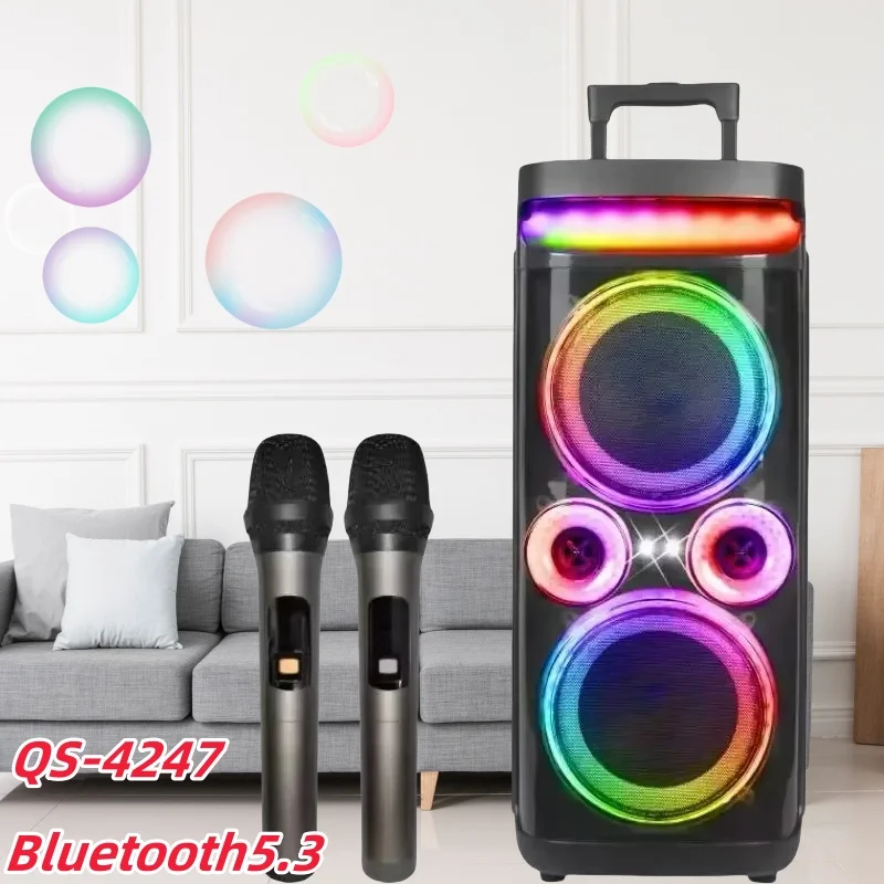 QS-4247 듀얼 6.5인치 고출력 스피커 야외 블루투스 스피커 RGB 서브우퍼 홈 노래방 시스템 무선 마이크 3000W