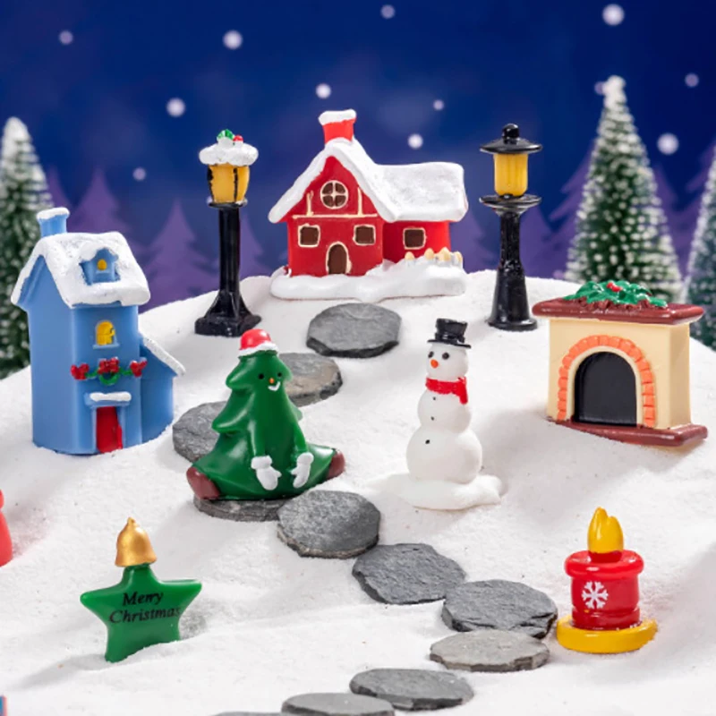 Cartoon Christmas Snowman Street Lights Christmas Tree Villa House Micro Landscape Ornaments Figurine Mini Desktop Decor Gifts ﻿