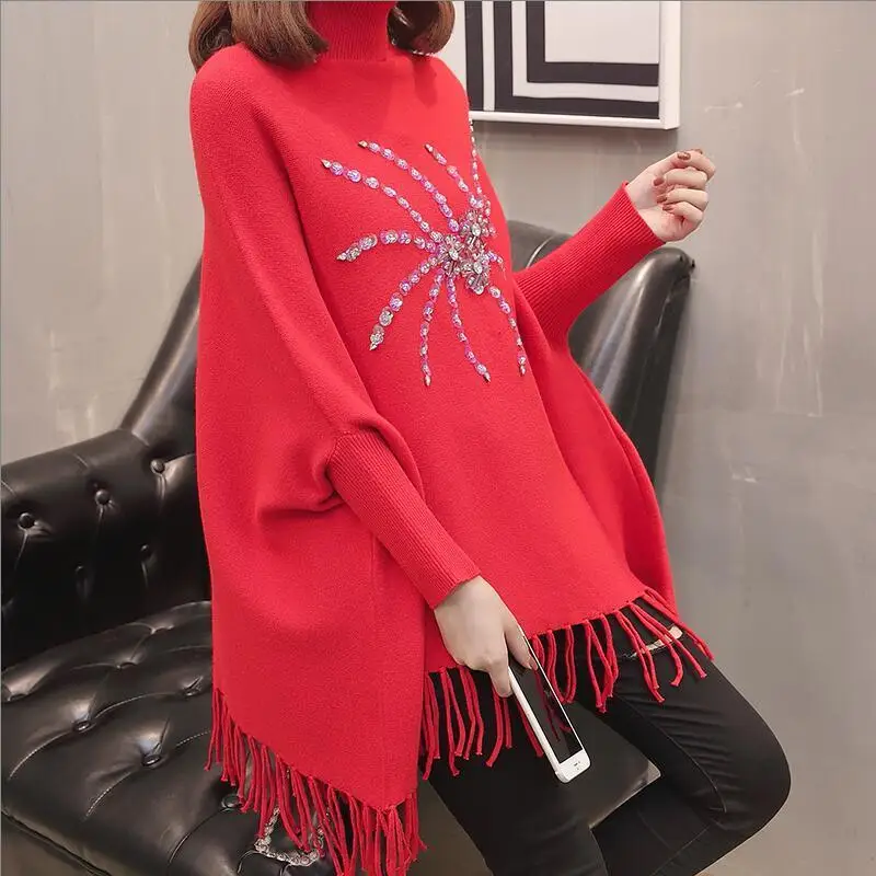 

Cloak knitted sweater pullover women autumn and winter bat sleeve loose tassel shawl medium long solid casual pullover coat