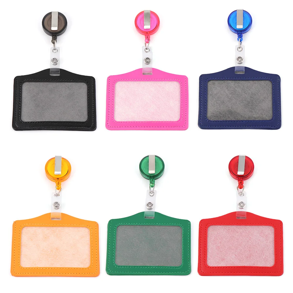 PU Leather ID Card Holder No Zipper Bank Credit Card Holders Protective Shell Badge Case with Retractable Reel Office Supplies