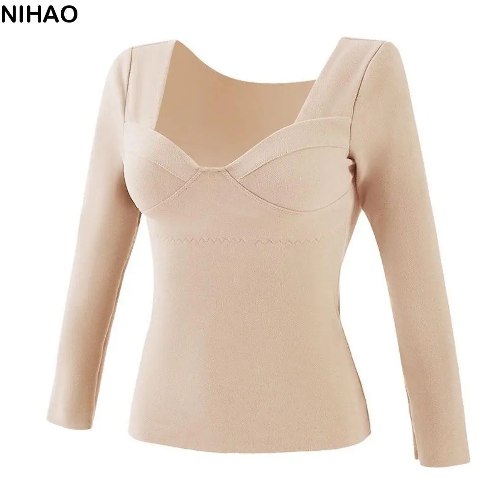 

V Neck Women Thermal Clothes Solid Color Velvet Fleece Thermal Underwear Invisible Feel Heating Warmth Long Tops Girls Female