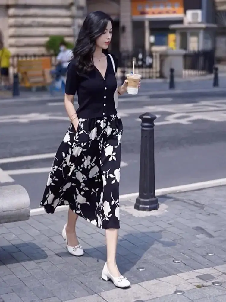 

Комплект из кардигана и юбки с цветочным принтом для женщин: модный летний наряд из полиэстера