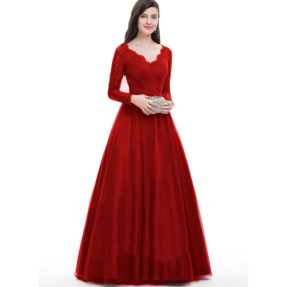 Luxury Plus Size Formal Evening Dress V-Neck Christmas Long Sleeve Party Dress Tiered Tulle Full Length Evening Gown Ball Robe