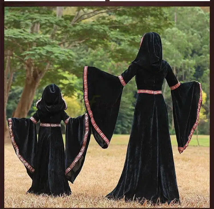 Medieval Victorian Dress For Women Steampunk Flare Sleeve Witch Robe Cosplay Gothic Costume Wine Red Hood Long Dress Vestidos