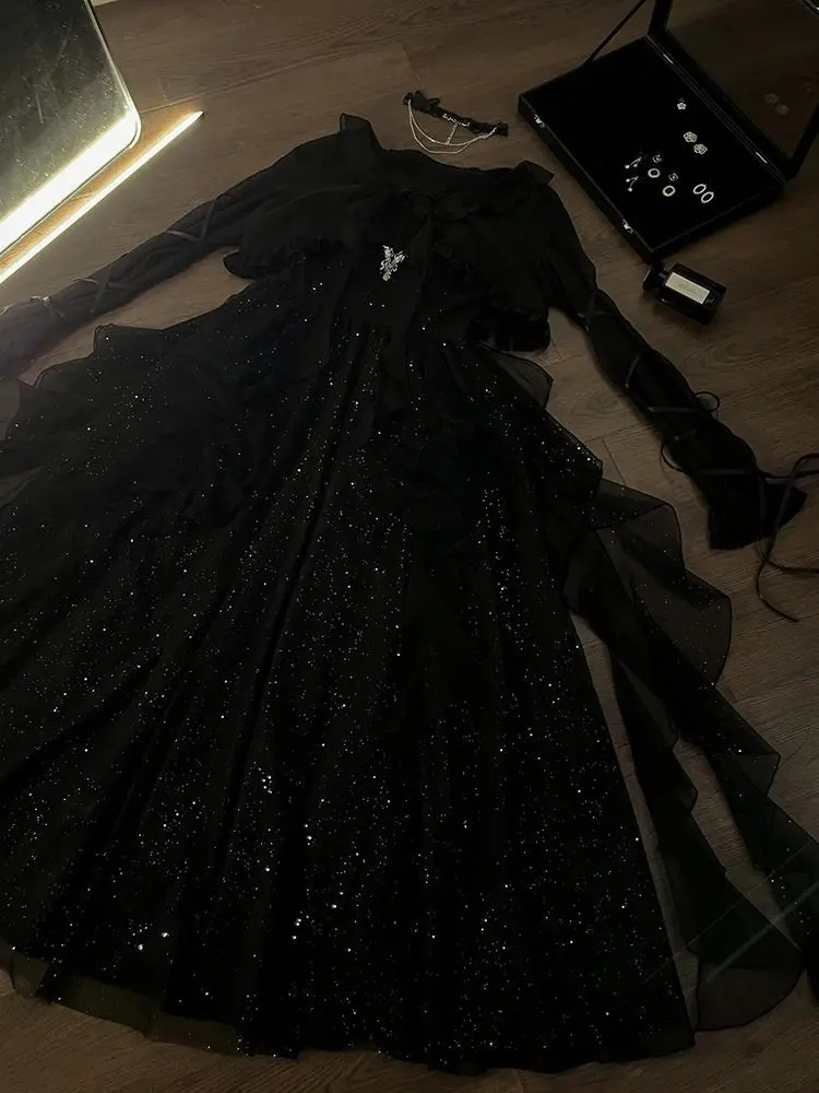 

Новый дизайн, готический черный элегантный комплект из 2 предметов, женские модные пушистые вечерние платья + шикарные топы, французские винтажные вечерние наряды в стиле ретро