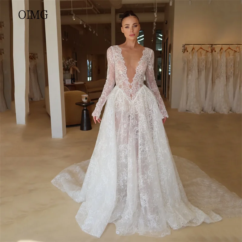 

OIMG Роскошное кружевное свадебное платье трапециевидной формы с v-образным вырезом и длинными рукавами, длинный хвост, платья невесты длиной до пола, свадебные платья по индивидуальному заказу