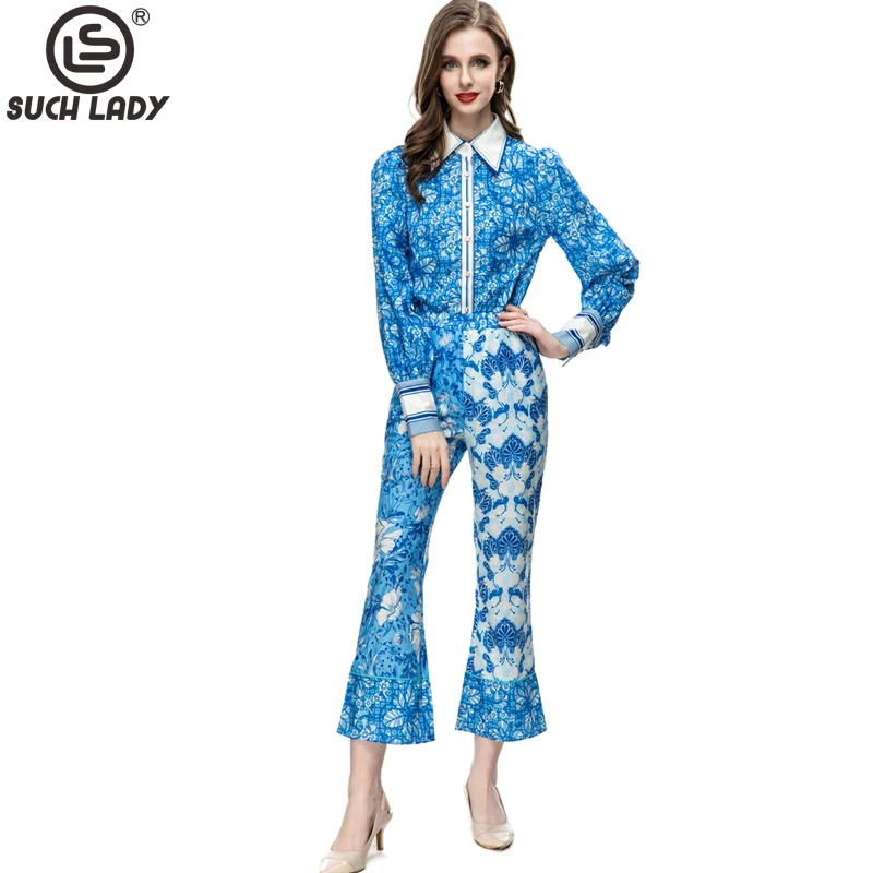 

Women's Two Piece Pants Sets Turn Down Collar Long Sleeves Printed Shirt with Flare Leg Pant Fashion Twinset Sets