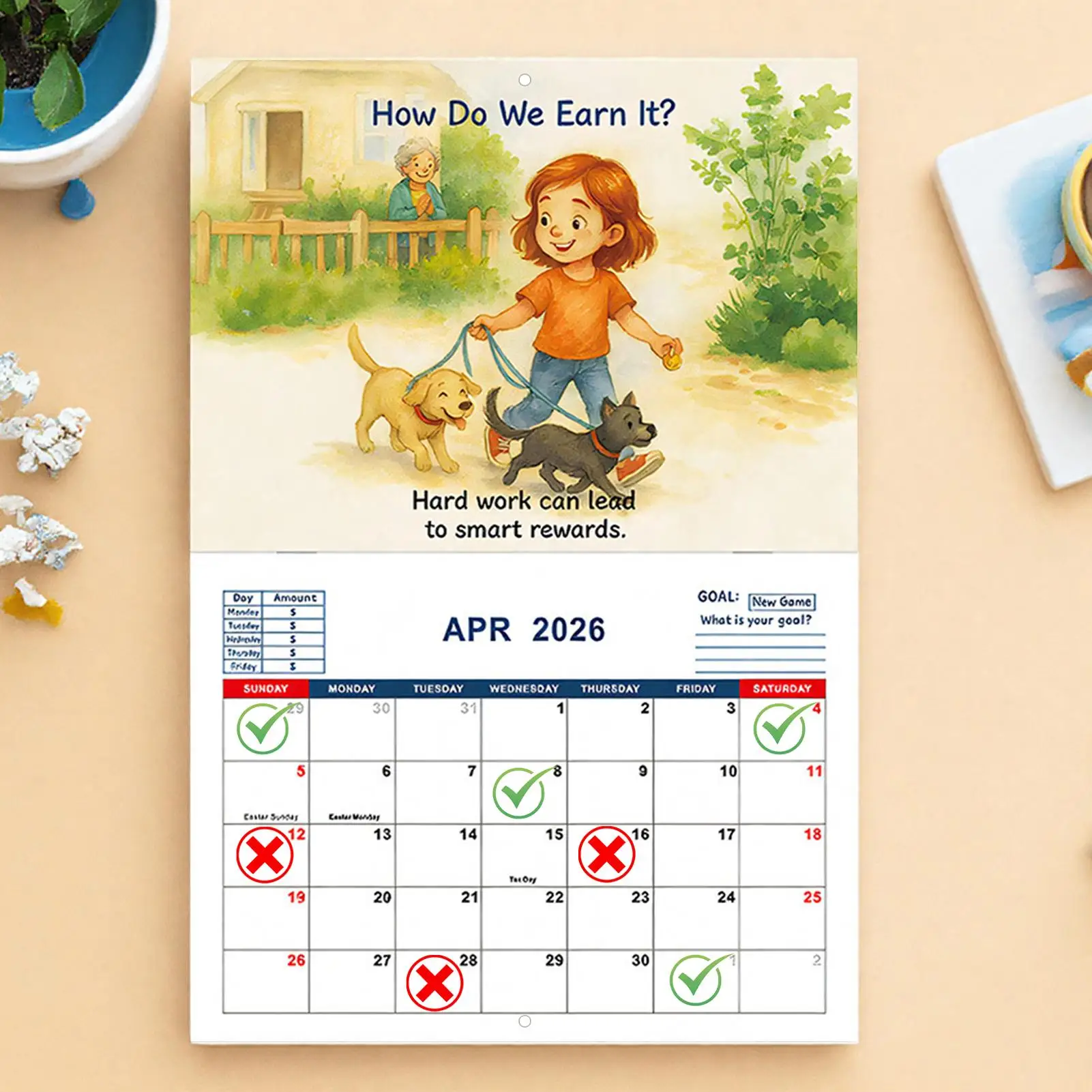 Calendario 2026 per bambini Calendario dei soldi del bambino per la scuola Planner interattivo dei cartoni animati per la scuola Aula Camera da letto Soggiorno