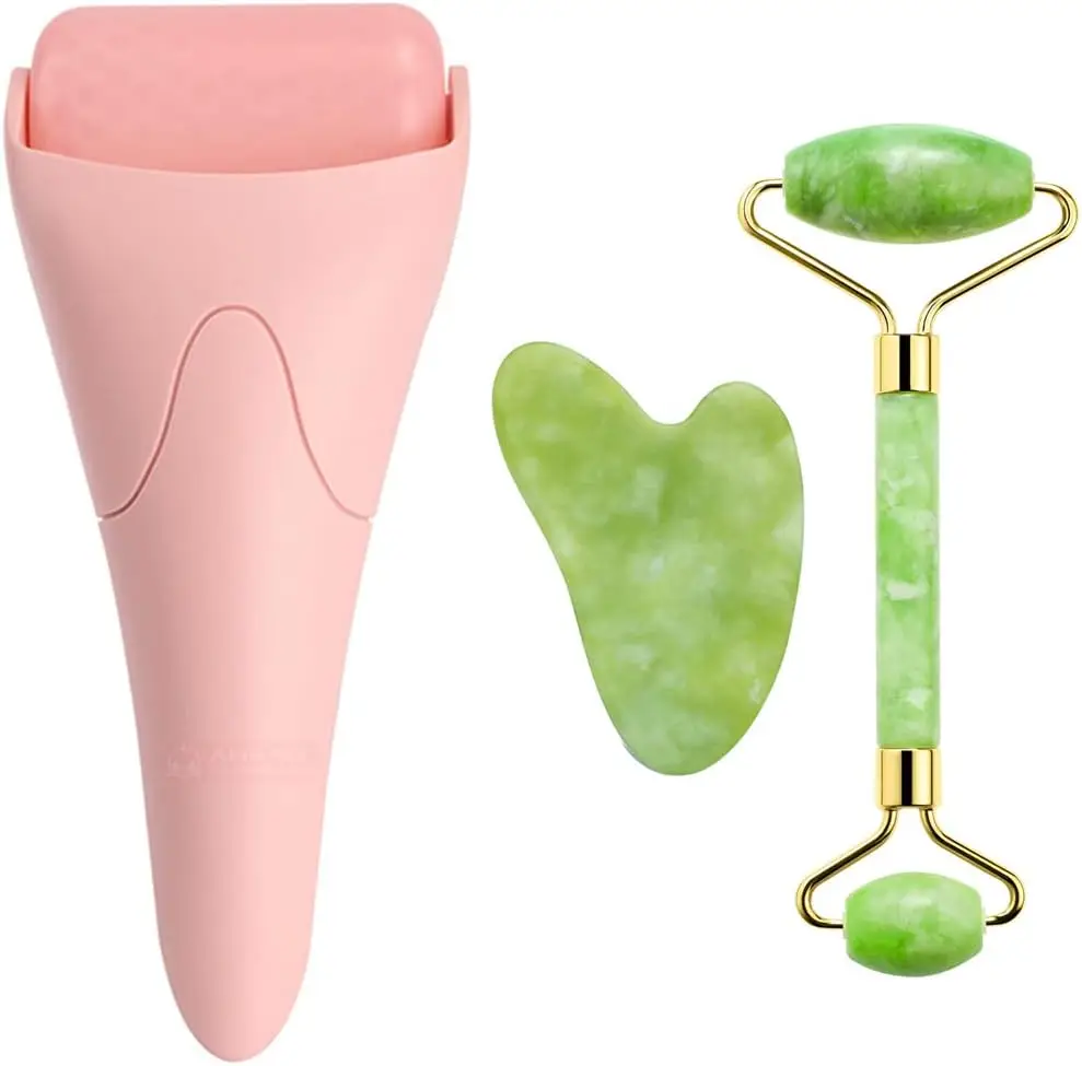 

Natural Jade Roller & Gua Sha Set with Ice Roller for Face, Cooling Massage Tool