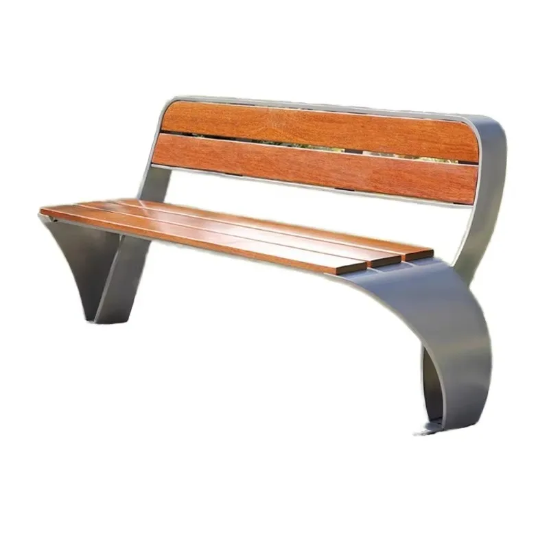 مقعد حديقة خارجي حديث طويل من الخشب الصلب مربع من سبائك الألومنيوم كرسي بارك مسند ظهر من الفولاذ المقاوم للصدأ للاستخدام الخارجي في الفناء