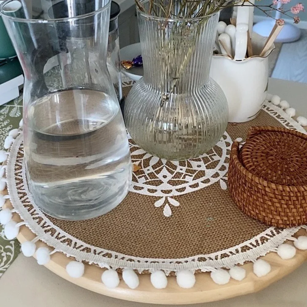 

Vintage 36/38cm Round Placemat Heat Resistant Non-Slip Braided Place Mats Washable with Tassels Cup Coaster Mat Dining Table