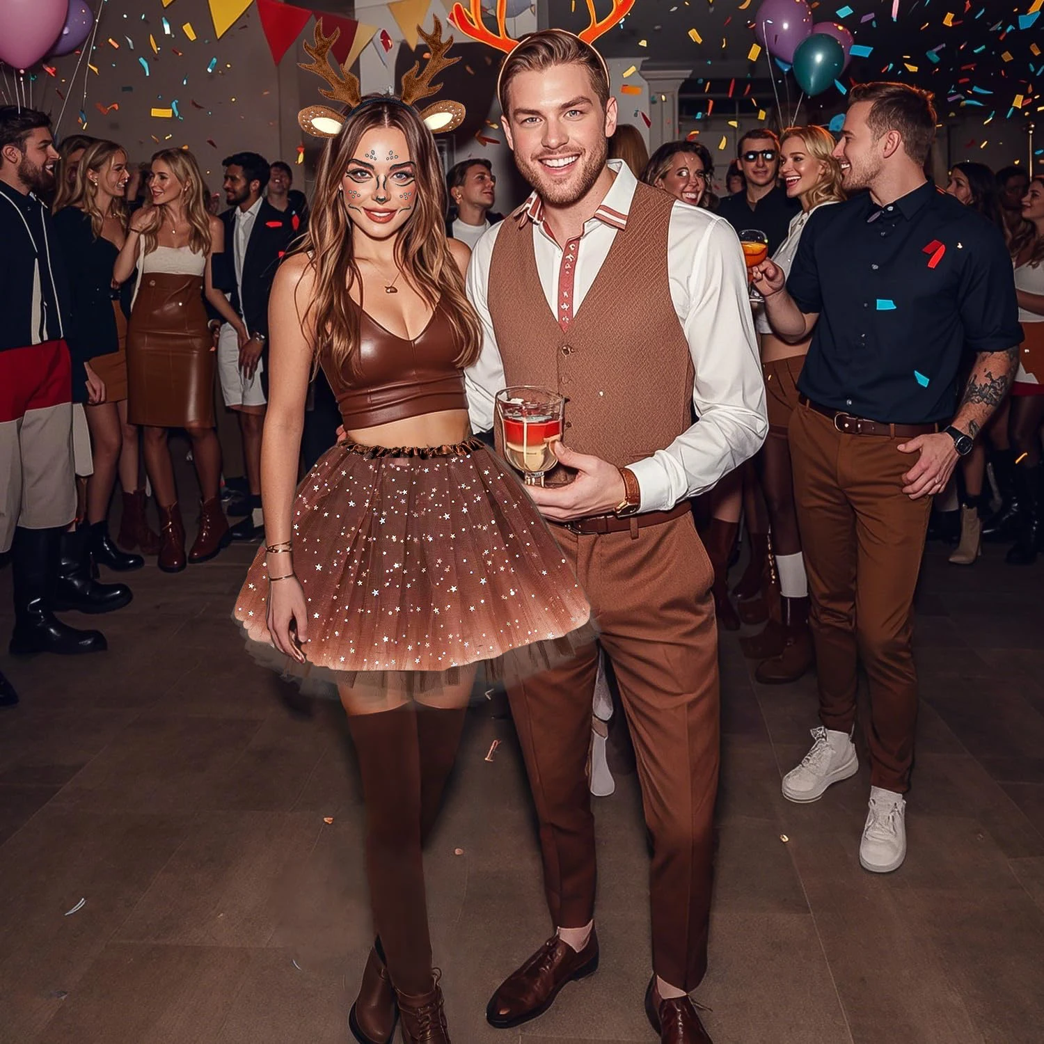 كرنفال الغزلان زي النساء قرون الغزلان عقال مع آذان الرنة توتو تنورة الجوارب الغزلان الوجه الوشم الغزلان زي الإكسسوار