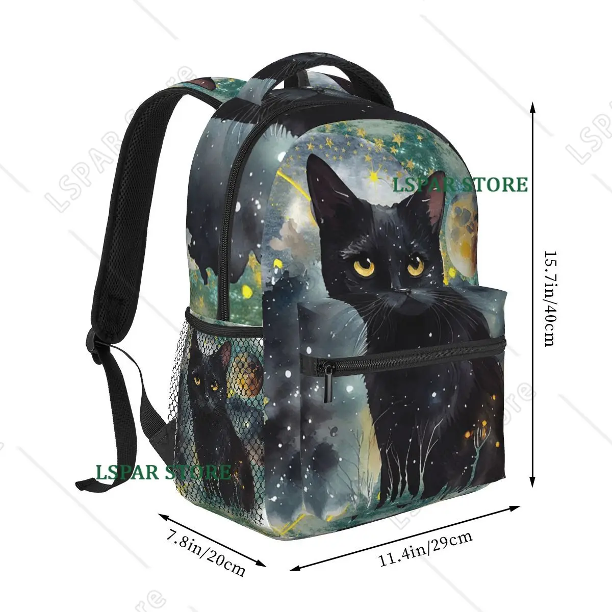 Mystical Black Cat With Stars Moons Celestial Student Backpack School Bag Hiking Travel Daypack for Kids Bookbag Shoulder Bags