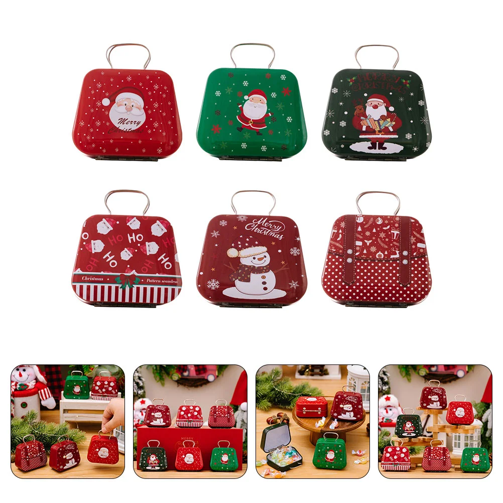 

Christmas Tin Box 6pcs Santa Clause Snowman Pattern Metal Candy Box Tote Bag Shaped Candy Storage Containers With Handle For