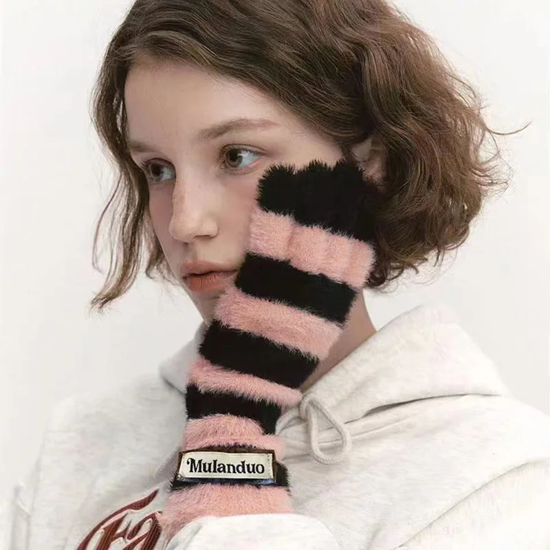 

Winter Warm Touchscreen Knitted Striped Gloves for Women Men Faux Fur Fingerl Korean Soft Fluffy Outdoor Cold Protection Gloves