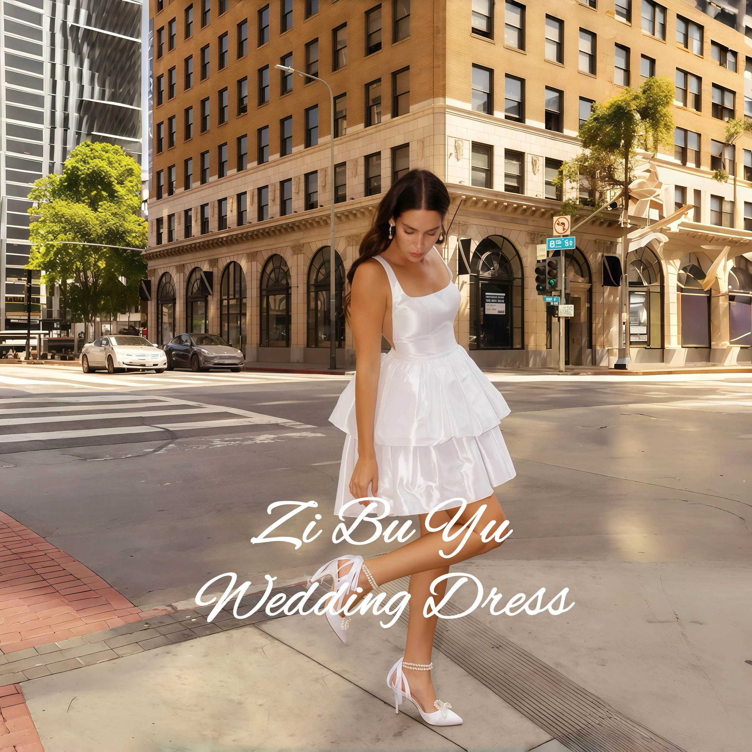 

ZIBUYU Customized Simple Mini Taffeta Wedding Dress Spaghetti Strap 2026 Sleeveless Strapless Tiered Short Backless Bridal Gowns