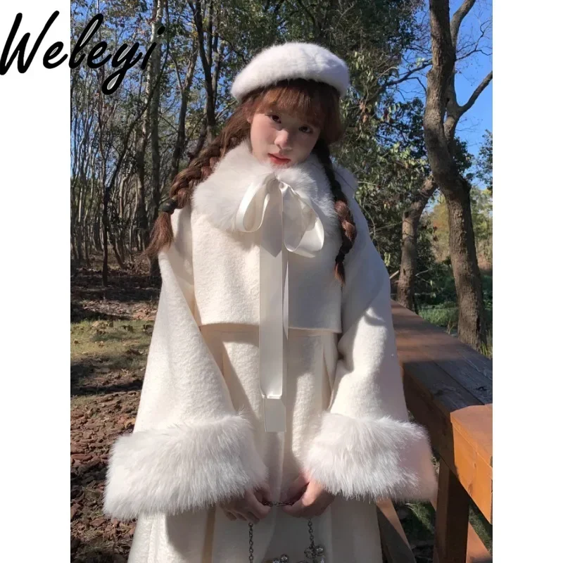 

Cute White Winter Woolen Coat with Plush Collar 2024 New Warm Sweet Long Sleeve Mid-length Padded Woolen Jackets and Coat Female