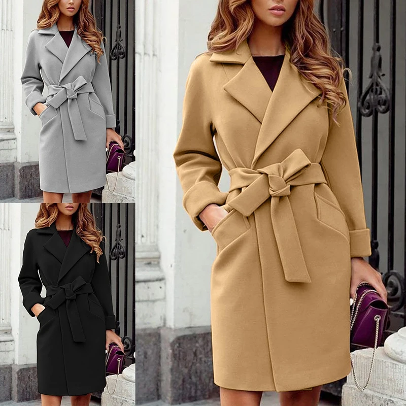 

England Style Turn-down Neck Woolen Coat Sashes Autumn Winter Windcoat Long Elegant Casual Women Clothing Loose Fashion Vintage