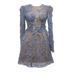 Blue Lace Elegant Dress Women Long-sleeve O-neck Evening Party Bodycon Dress Female High Waisted Runway Design Clothing