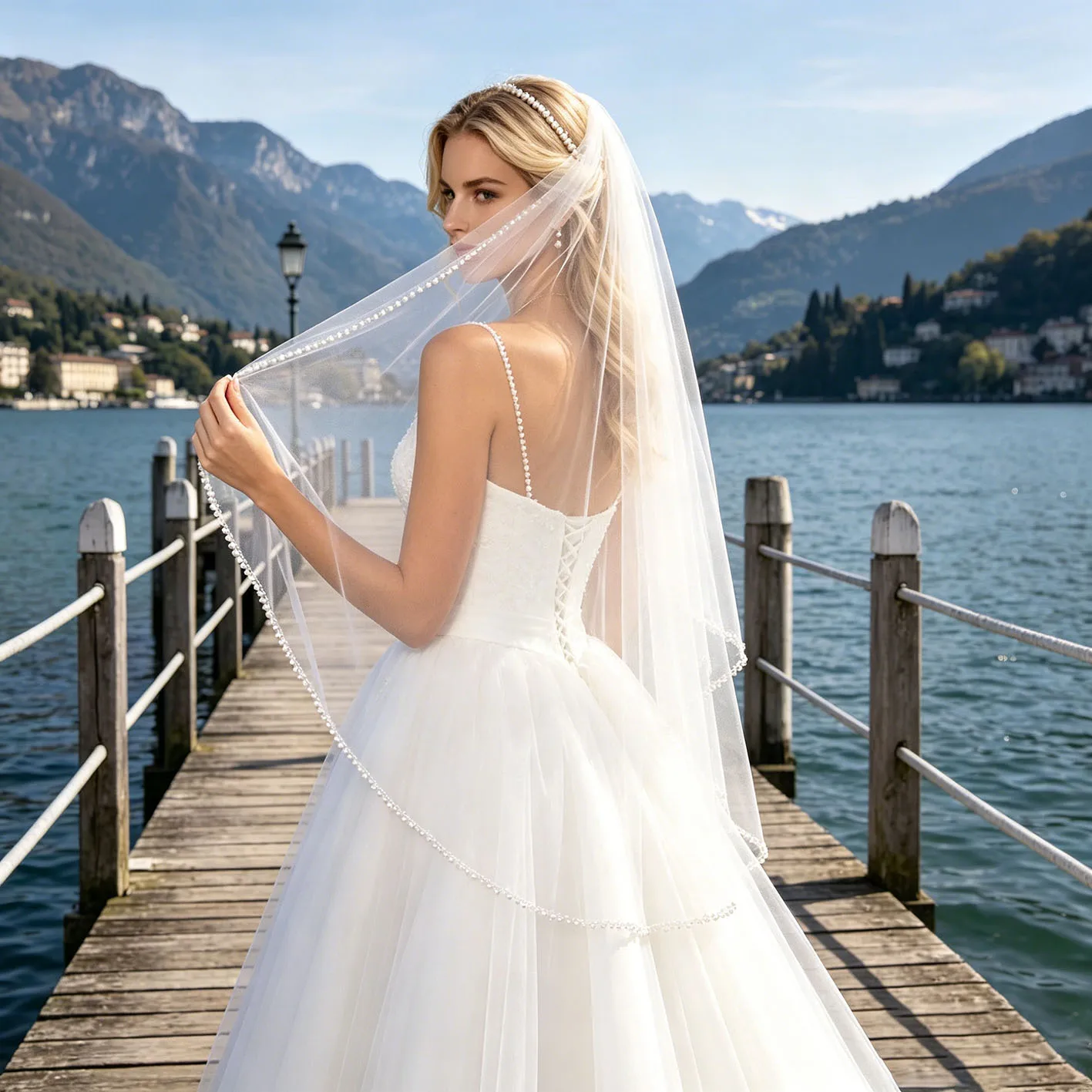 Elegant Fingertip Length Bridal Veil with Two Rows of Pearls Edge Luxury Wedding Accessory with Comb for Wedding Ceremony G149