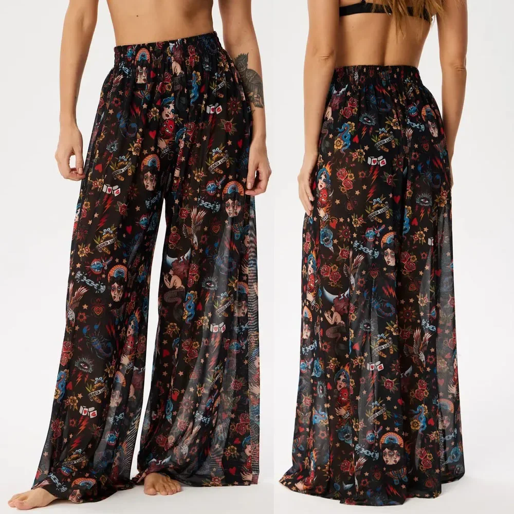 

Women's Chiffon Dress Beach Print Floral Wide Leg Palazzo Pants High Elastic Waist Trouser