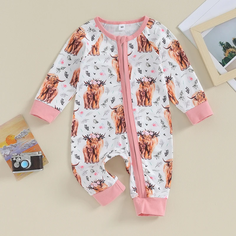 Infant Girls Autumn Crewneck Romper with Long Sleeves and Cute Cattle Print Featuring Stylish Oblique Zipper for Easy Dressing