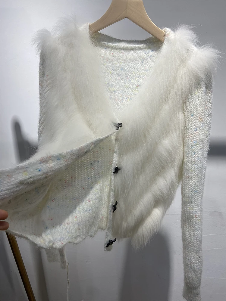 เสื้อสเวตเตอร์ขนสุนัขจิ้งจอกแท้สีน้ำเงินสำหรับผู้หญิง คอลเลคชั่นใหม่ล่าสุด ฤดูใบไม้ผลิ 2025 เสื้อแจ็คเก็ตถักไหมพรมขนสัตว์แท้สำหรับฤดูใบไม้ร่วง