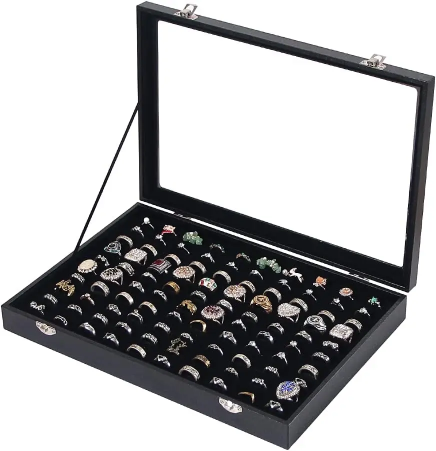 Ringhalter-Organizer-Box, Schmuck-Präsentationsbox, Aufbewahrungsfach für Ohrringe und Halsketten mit Glasdeckel (Schwarz, 100 Fächer)