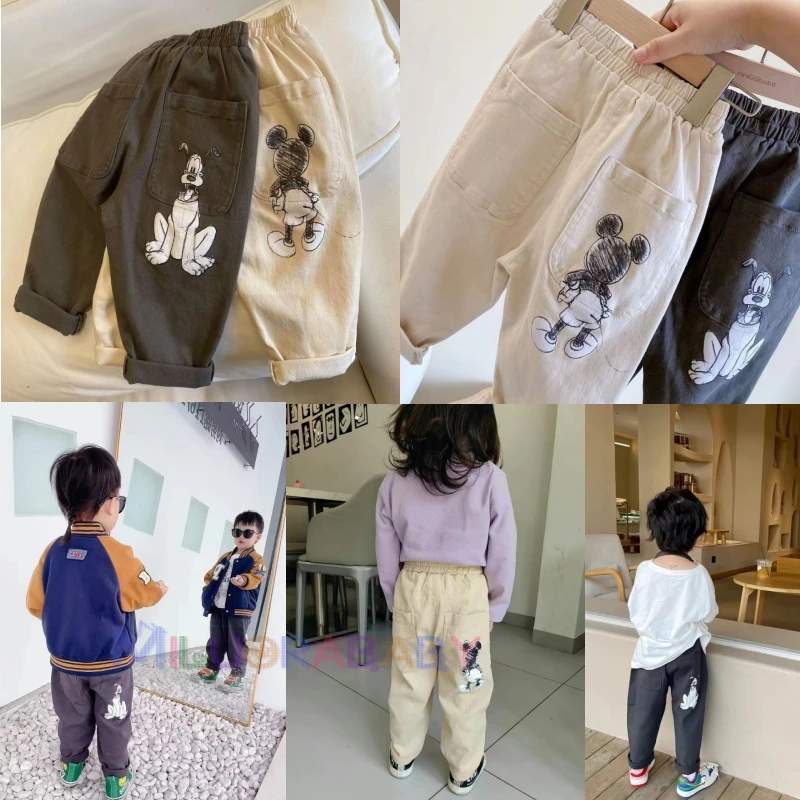 

Cartoon Mickey Mouse Spring Autumn Baby Boys Girls Straight Pants Kids Embroidery Denim Pants Children Casual Trousers