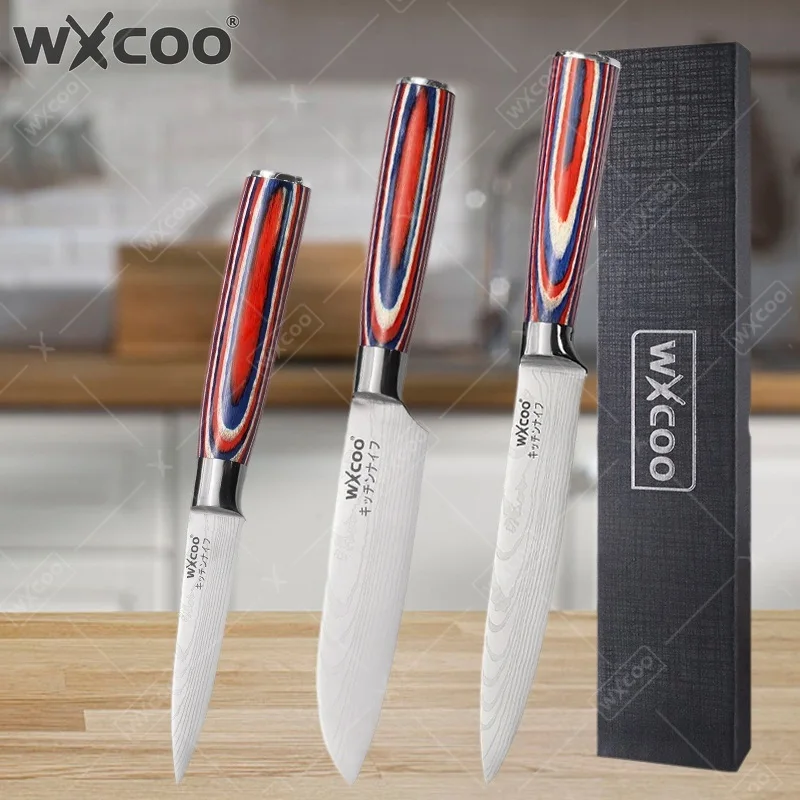 WXCOO Professional Kitchen Knives Damascus Laser Fruit Santoku Utility Knife with Gift Box Vegetable Knife Boning Meat Slicer