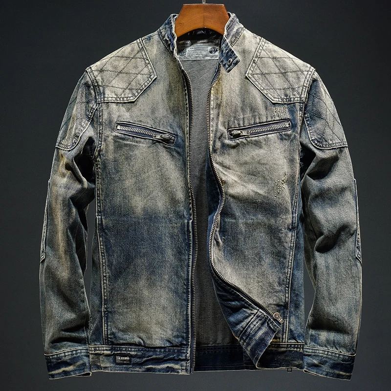 

Vintage shawl stitching denim jacket for men stand-up collar slim fit handsome casual nostalgic washed street motorcycle jacket