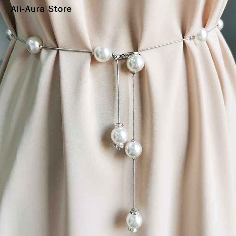 1Pcs Pearl Women's Belt Simple Adjustable Metal Thin Chain Belt For Ladies Dress  Waistband Decorative Jewelry