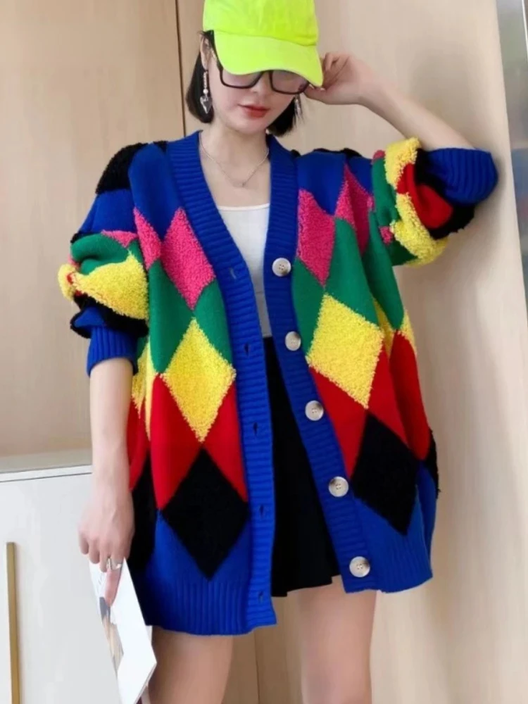 Women\'s V-Neck Knitted Cardigan, Loose Sweater, Rainbow Color, Color Blocking, Korean Fashion, Casual, Spring, Autumn, New