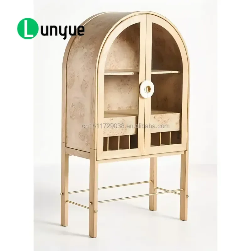 Luxury Modern Elegant Arched Glass Door Bar Cabinet Wood Grain Wine Storage for Living Room Home Decor Furniture