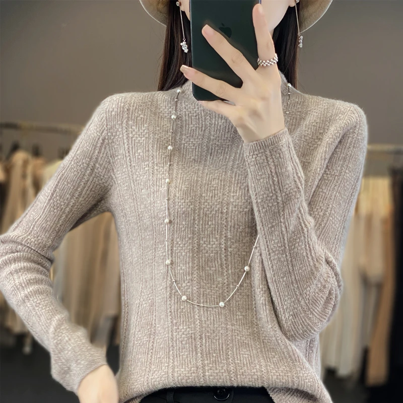 2025 New Leading Jacquard Knitted Woolen Sweater.   Spring and Autumn Women's Semi high neck Pullover Solid Color Base Shirt Top