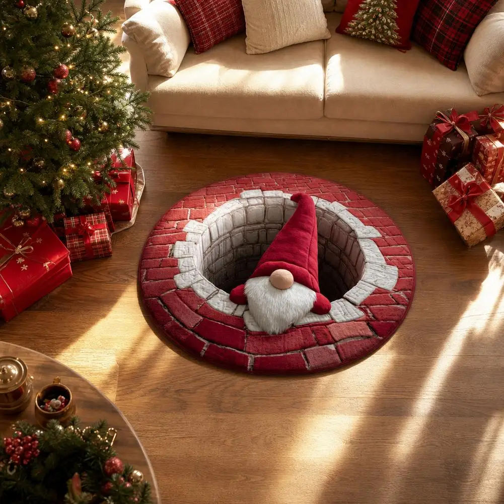 Round Christmas Area Rug 3D Santa Emerging from Hole Optical Illusion Non Slip Carpet Christmas Gift for Kids Home Party Decor