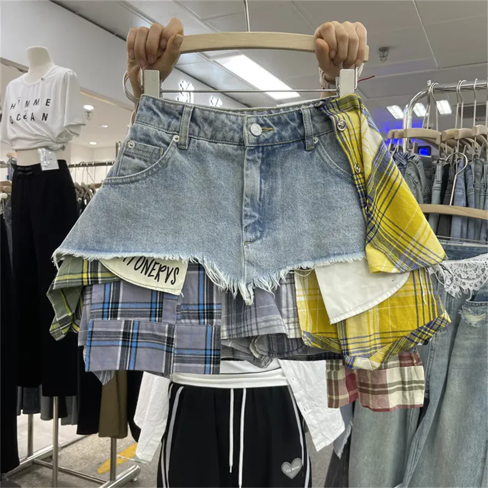 2024 Summer New Fashion Women's Denim Skirt Colored Plaid Patchwork Irregular Deconstructed A-line High Waist Mini Skirt