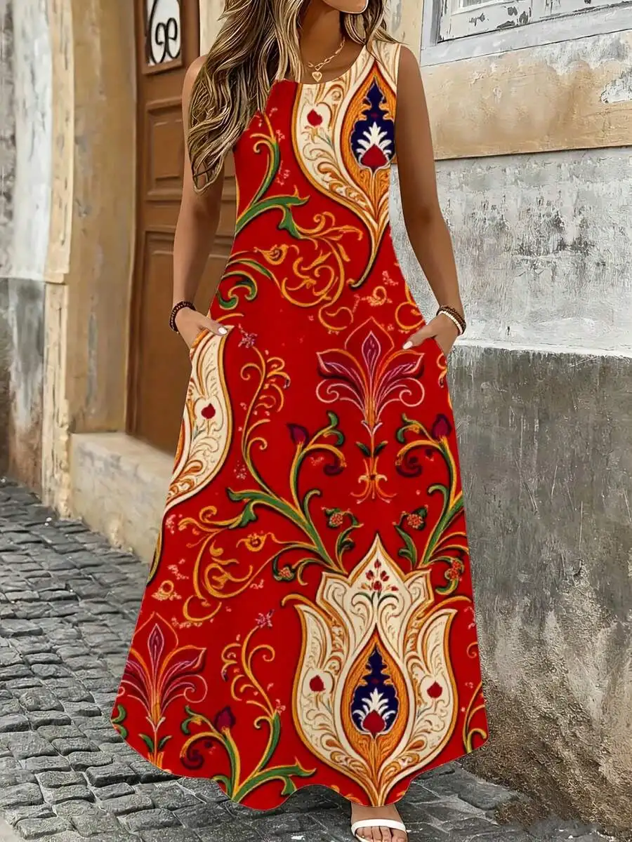

Red Sleeveless Maxi Dress With Floral Geometric Print Summer Beach Vacation Women Fashion