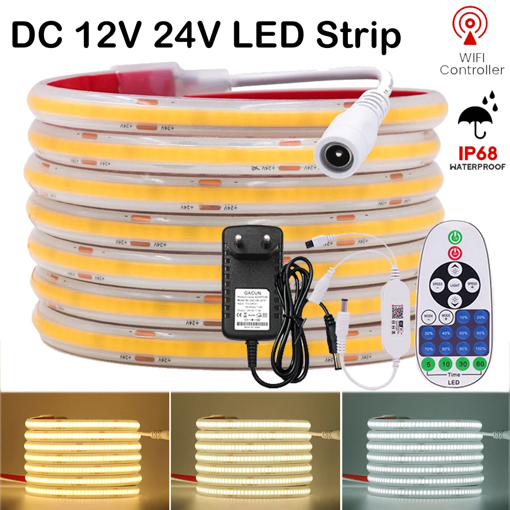 

IP68 Waterproof COB LED Strip with Power Supply Tuya Smart Wifi Dimmer 320LEDs/m High Density DC 12V 24V Flexible Tape Linear