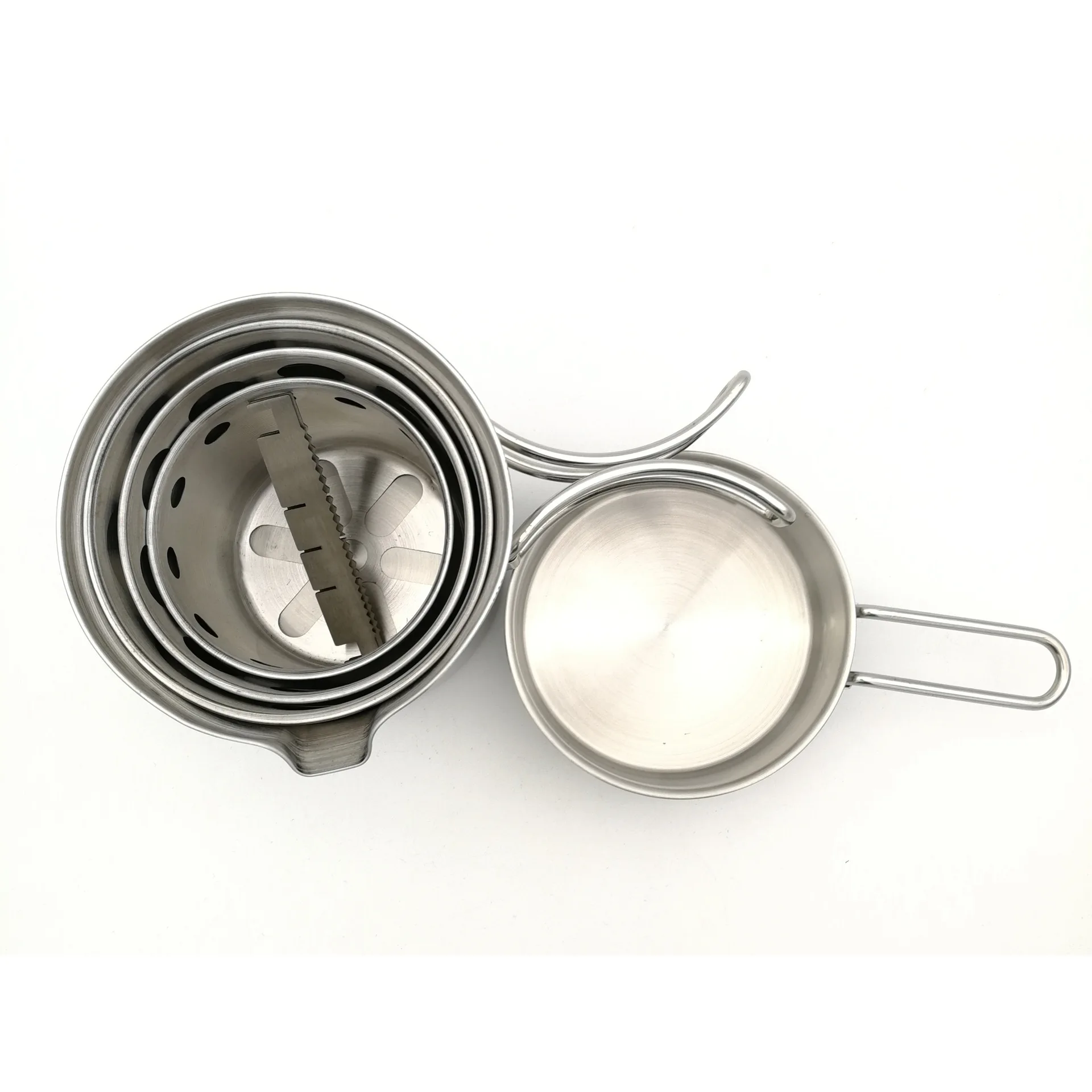 재고 있음 뜨거운 판매 야외 스테인레스 스틸 휴대용 장작 스토브 세트 냄비 세트 캠핑 접는 방풍 장작 스토브