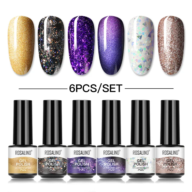 ROSALIND Gel smalto per unghie Set colore lucido Gel UV vernici semipermanenti Soak Off Base Top Coat Nail Art Gel Kit 6 pz/set