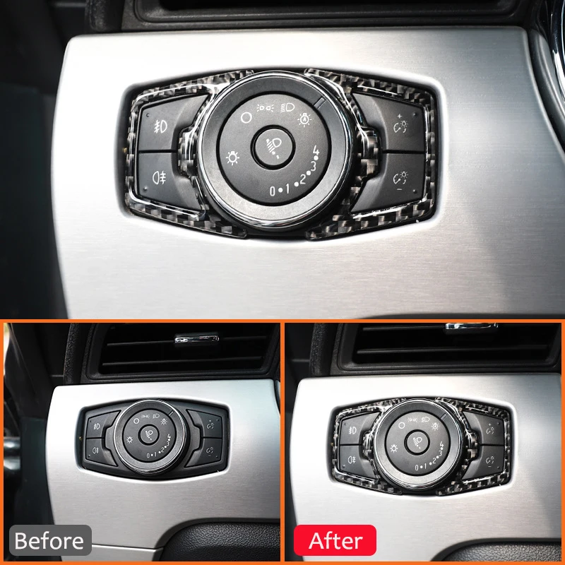 Carbon Fiber Car Front Headlight Control Buttons Switch Panel Frame Interior Decoration Sticker For Ford F150 F-150 SVT Raptor