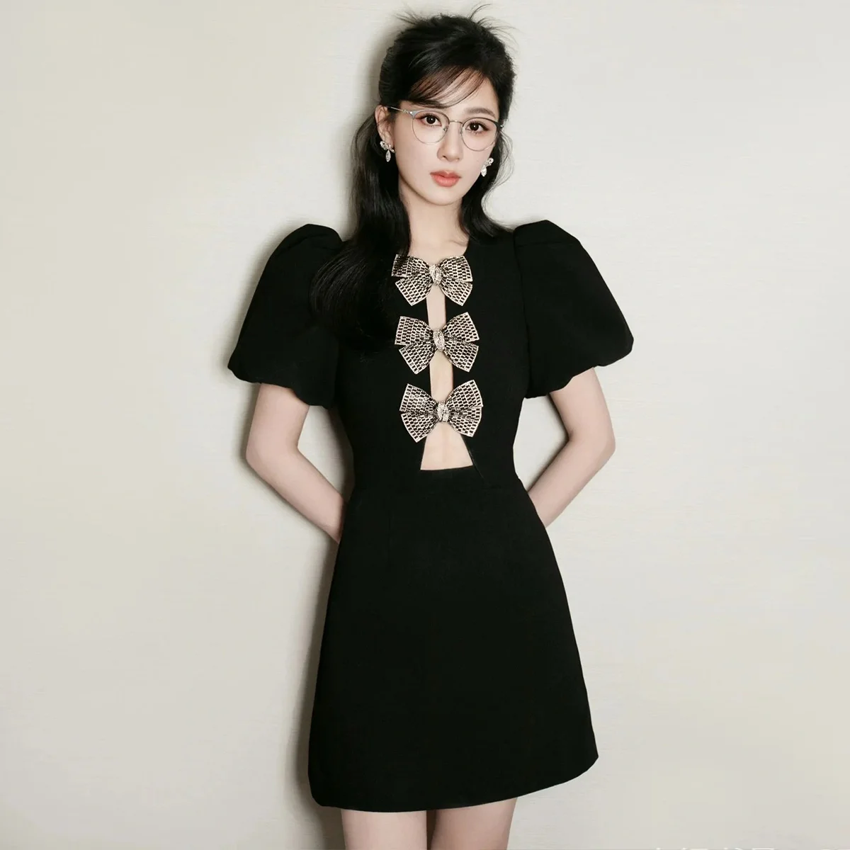 

French Black High-End Style Design Summer Jacquard Short Dress Women's Puff Sleeve Chic Bow A-Line Office Party Mini Dresses