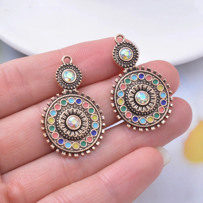 10pcs/lot 33*20mm Alloy Antique golden Round Rhinestone Enamel Charms Jewelry Findings Earrings